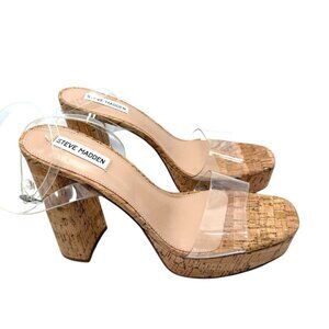 Steve Madden Clear Strap Cork Platform Block Heels Womens 10 NWOB